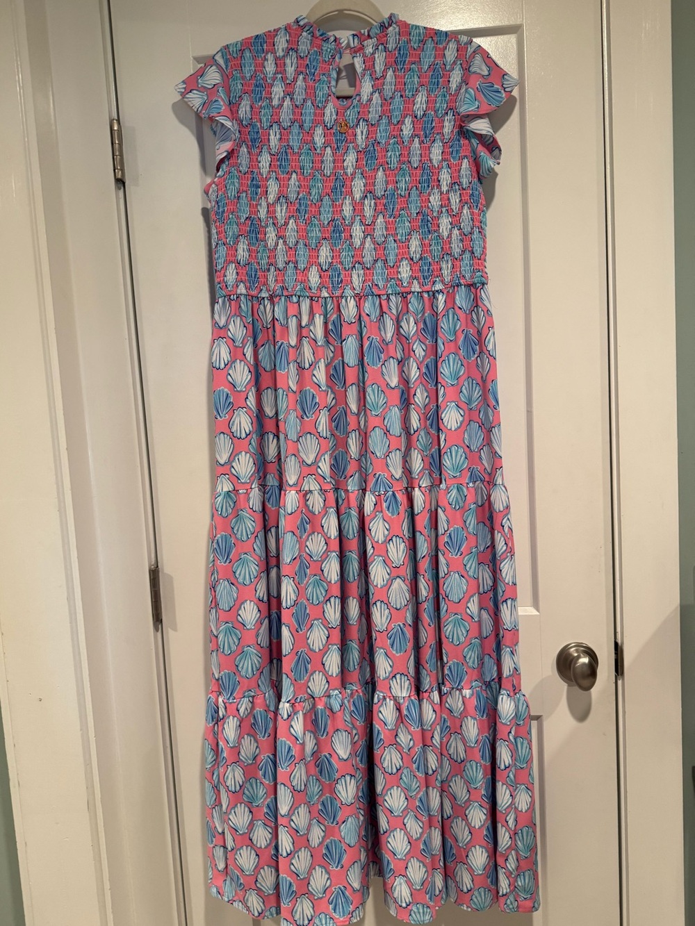 Simply Southern Smocked Shell-Print Maxi Dress in Pink and Blue